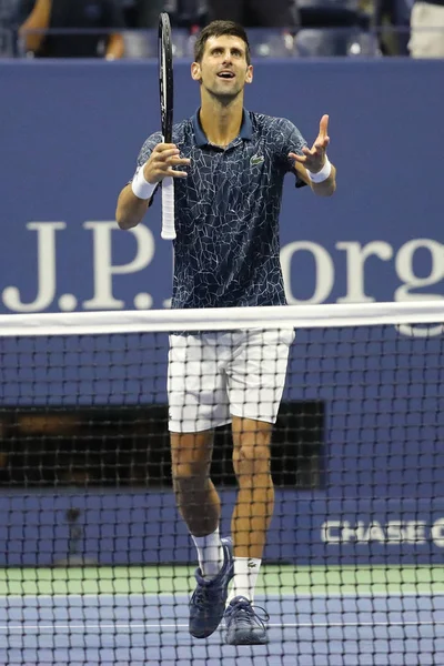 stock image NEW YORK - SEPTEMBER 7, 2018: 13-time Grand Slam champion Novak Djokovic of Serbia celebrates victory after his 2018 US Open semi-final match at Billie Jean King National Tennis Center