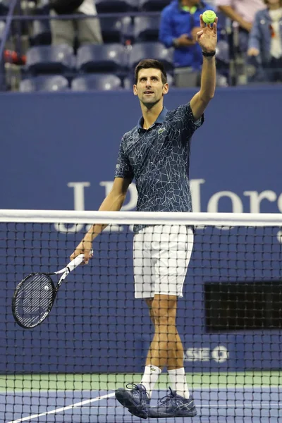 2018年9月7日 次大满贯冠军诺瓦克 德约科维奇在他2018美国公开赛半决赛比赛在比利牛仔国王国家网球中心庆祝胜利 — 图库照片