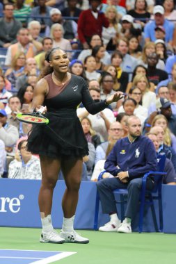 New York - 8 Eylül 2018: 23 kez Grand Slam şampiyonu Serena Williams onun 2018 Us Open final maçı Billie Jean King Ulusal tenis merkezi sırasında sandalye hakem Carlos Ramos ile savunuyor