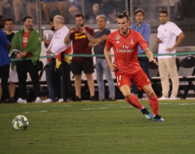 Doğu Rutherford, Nj - 7 Ağustos 2018: Gareth Bale, Real Madrid #11 Roma 2018 Uluslararası Şampiyonlar Kupası Metlife Stadyumu'nda karşı maç sırasında eylem. Real Madrid 2-1 kazandı