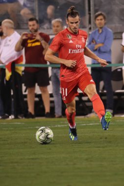 Doğu Rutherford, Nj - 7 Ağustos 2018: Gareth Bale, Real Madrid #11 Roma 2018 Uluslararası Şampiyonlar Kupası Metlife Stadyumu'nda karşı maç sırasında eylem. Real Madrid 2-1 kazandı