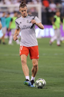 Doğu Rutherford, Nj - 7 Ağustos 2018: Gareth Bale, Real Madrid # 11'den önce Roma 2018 Uluslararası Şampiyonlar Kupası Metlife Stadyumu'nda karşı maç. Real Madrid 2-1 kazandı