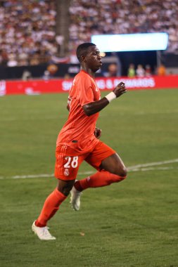 East Rutherford, Nj - 7 Ağustos 2018: Vinicius Junior karşı Roma 2018 Uluslararası Şampiyonlar Kupası'nda Real Madrid # 28 Metlife Stadı'nda maç. Real Madrid 2-1 kazandı