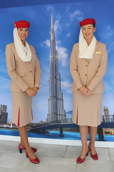 Nueva York Septiembre 2018 Asistentes Vuelo Emirates Airlines Stand Emirates — Foto de Stock