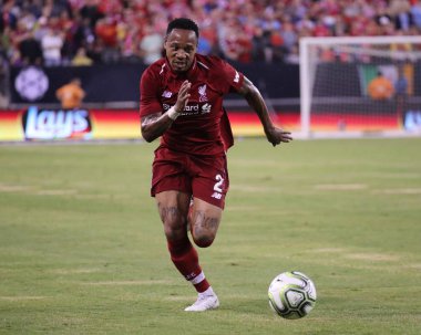 EAST RUTHERFORD, NJ - JULY 25, 2018: Nathaniel Clyne #2 of Liverpool FC in action against Manchester City during 2018 International Champions Cup game at MetLife stadium clipart