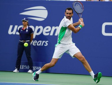 New York - 3 Eylül 2018: Grand Slam şampiyonu Marin Cilic Hırvatistan onun 2018 sırasında eylem Billie Jean King Ulusal tenis merkezi 16 maçın bize açık yuvarlak 