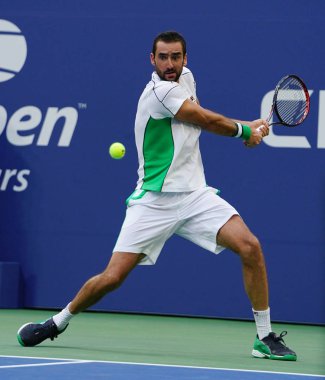 New York - 3 Eylül 2018: Grand Slam şampiyonu Marin Cilic Hırvatistan onun 2018 sırasında eylem Billie Jean King Ulusal tenis merkezi 16 maçın bize açık yuvarlak 