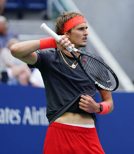 NEW YORK - SEPTEMBER 1, 2018: Professional tennis player Alexander Zverev of Germany in action during his 2018 US Open round of 32 match at Billie Jean King National Tennis Center