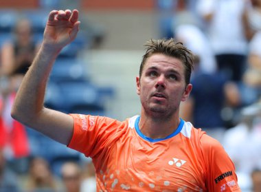 New York - 27 Ağustos 2018: Grand Slam şampiyonu Stanislas Wawrinka İsviçre 2018 ilk tur maçı sırasında eylem bize Usta Ulusal tenis merkezinde açık