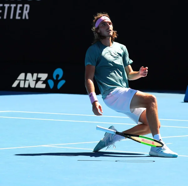 Melbourne Australia Enero 2019 Tenista Profesional Stefanos Tsitsipas Celebra Victoria — Foto de Stock