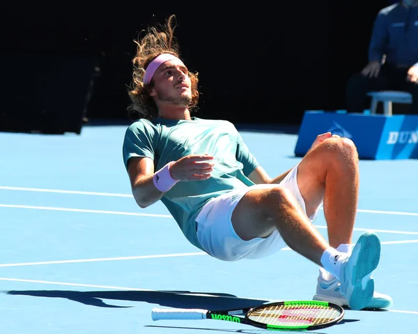 Melbourne Austrália Janeiro 2019 Tenista Profissional Stefanos Tsitsipas Celebra Vitória — Fotografia de Stock