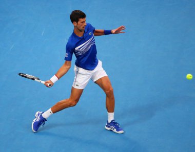 Melbourne, Avustralya - Ocak 25, 2019: zamanında 14 Grand Slam şampiyonu Novak Djokovic 2019 Avustralya Açık Melbourne Park onun yarı final maç sırasında eylem