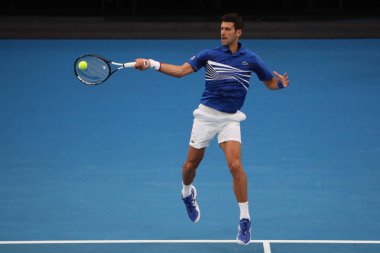 Melbourne, Avustralya - Ocak 25, 2019: zamanında 14 Grand Slam şampiyonu Novak Djokovic 2019 Avustralya Açık Melbourne Park onun yarı final maç sırasında eylem