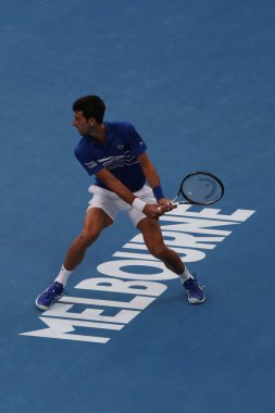 Melbourne, Avustralya - Ocak 25, 2019: zamanında 14 Grand Slam şampiyonu Novak Djokovic 2019 Avustralya Açık Melbourne Park onun yarı final maç sırasında eylem