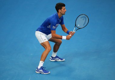Melbourne, Avustralya - Ocak 25, 2019: zamanında 14 Grand Slam şampiyonu Novak Djokovic 2019 Avustralya Açık Melbourne Park onun yarı final maç sırasında eylem