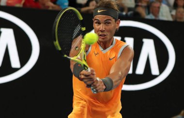 MELBOURNE, AUSTRALIA - JANUARY 24, 2019: Seventeen times Grand Slam champion Rafael Nadal of Spain in action during his semifinal match at 2019 Australian Open in Melbourne Park  clipart