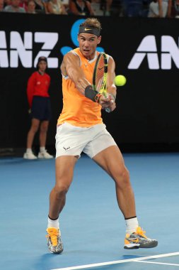 Melbourne, Avustralya - 24 Ocak 2019: 2019 Avustralya Açık Melbourne Park on yedi kez Grand Slam şampiyonu İspanya Rafael Nadal eylem sırasında onun yarı final maç 