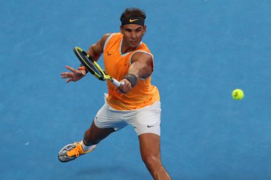 Melbourne, Avustralya - 24 Ocak 2019: 2019 Avustralya Açık Melbourne Park on yedi kez Grand Slam şampiyonu İspanya Rafael Nadal eylem sırasında onun yarı final maç 