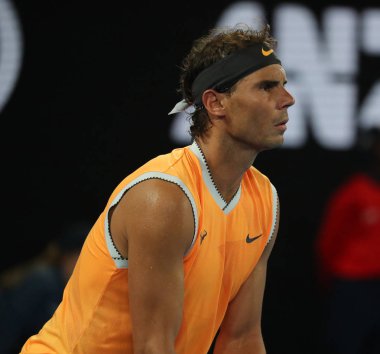 Melbourne, Avustralya - 24 Ocak 2019: 2019 Avustralya Açık Melbourne Park on yedi kez Grand Slam şampiyonu İspanya Rafael Nadal eylem sırasında onun yarı final maç 
