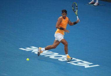 Melbourne, Avustralya - 24 Ocak 2019: 2019 Avustralya Açık Melbourne Park on yedi kez Grand Slam şampiyonu İspanya Rafael Nadal eylem sırasında onun yarı final maç 