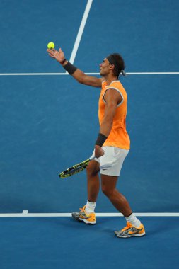 Melbourne, Avustralya - 24 Ocak 2019: 2019 Avustralya Açık Melbourne Park on yedi kez Grand Slam şampiyonu İspanya Rafael Nadal eylem sırasında onun yarı final maç 