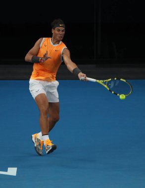 Melbourne, Avustralya - 24 Ocak 2019: 2019 Avustralya Açık Melbourne Park on yedi kez Grand Slam şampiyonu İspanya Rafael Nadal eylem sırasında onun yarı final maç 