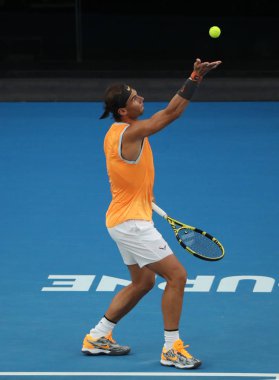 Melbourne, Avustralya - 24 Ocak 2019: 2019 Avustralya Açık Melbourne Park on yedi kez Grand Slam şampiyonu İspanya Rafael Nadal eylem sırasında onun yarı final maç 