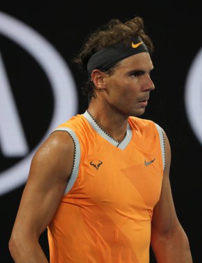 Melbourne, Avustralya - 24 Ocak 2019: 2019 Avustralya Açık Melbourne Park on yedi kez Grand Slam şampiyonu İspanya Rafael Nadal eylem sırasında onun yarı final maç 