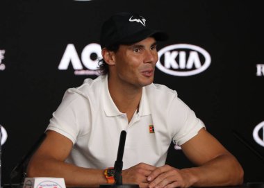 Melbourne, Avustralya - Ocak 27, 2019:2019 Avustralya Açık finalist İspanya Rafael Nadal basın toplantısı sırasında onun erkekler final maçı Novak Djokovic Sırbistan Melbourne Park karşı sonra
