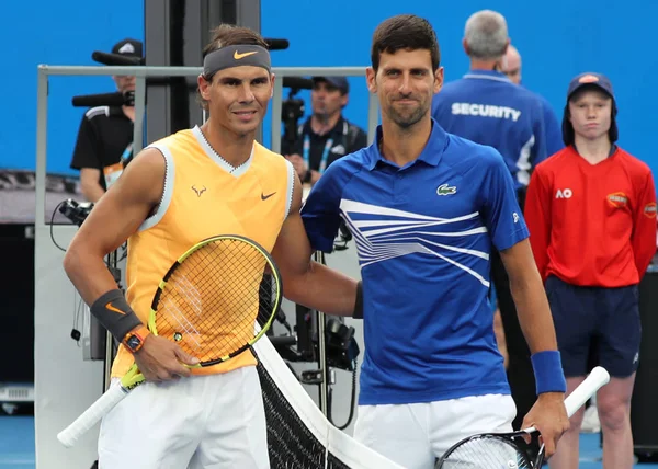 メルボルン オーストラリア 2019 スペイン とメルボルン公園の 2019 全豪オープン男子決勝戦の前にロッド レーバー アリーナでセルビアのノバク ジョコビッチのグランド — ストック写真