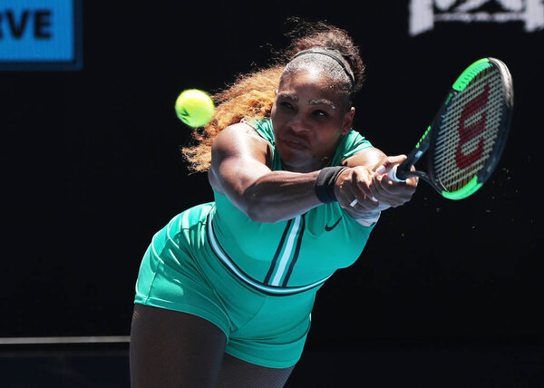 MELBOURNE, AUSTRALIA - JANUARY 23, 2019: 23-time Grand Slam Champion Serena Williams of United States in action during her quarterfinal match at 2019 Australian Open in Melbourne Park 