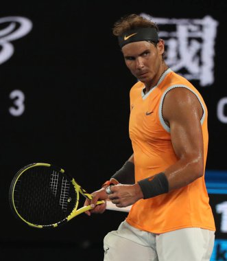 Melbourne, Avustralya - 24 Ocak 2019: 2019 Avustralya Açık Melbourne Park on yedi kez Grand Slam şampiyonu İspanya Rafael Nadal eylem sırasında onun yarı final maç