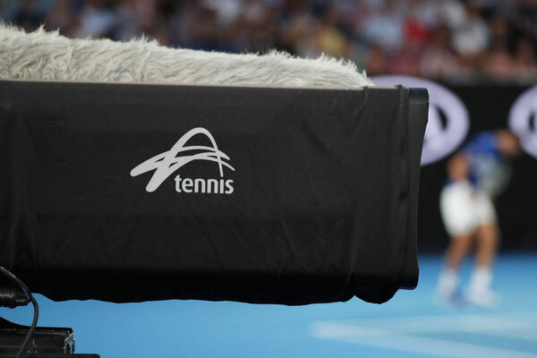 MELBOURNE, AUSTRALIA - JANUARY 25, 2019: TV camera with Tennis Australia logo during 2019 Australian Open match at Australian tennis center in Melbourne Park 