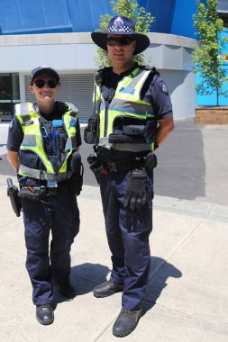 Melbourne, Avustralya - 22 Ocak 2019: Victoria polis memuru Olympic Park Melbourne'de güvenlik 2019 Avustralya Açık sırasında sağlama