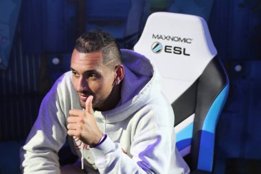 Melbourne, Avustralya - 27 Ocak 2019: Profesyonel tenis oyuncusu Nick Kyrgios eklem yüzlerce Fortnite oyun sırasında Fortnite yaz Smash Melbourne Avustralya Açık 2019, rekabet