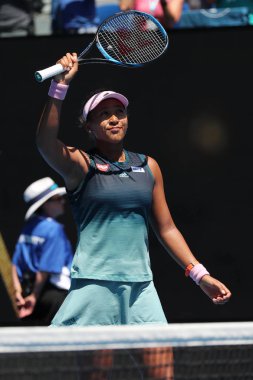 Melbourne, Avustralya - 23 Ocak 2019: Grand Slam şampiyonu Naomi Osaka Japonya'nın sonra onun çeyrek final maçında 2019 Avustralya Açık Melbourne Park zafer kutluyor