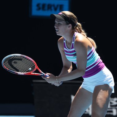 Melbourne, Avustralya - 24 Ocak 2019: Profesyonel tenis oyuncusu Danielle Collins Amerika Birleşik Devletleri 2019 Avustralya Açık Melbourne Park onun yarı final maç sırasında eylem