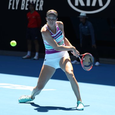 Melbourne, Avustralya - 24 Ocak 2019: Profesyonel tenis oyuncusu Danielle Collins Amerika Birleşik Devletleri 2019 Avustralya Açık Melbourne Park onun yarı final maç sırasında eylem
