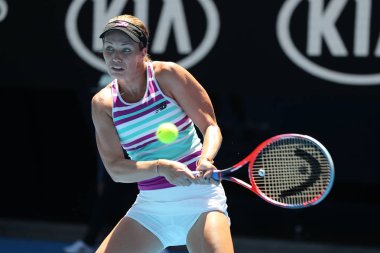 Melbourne, Avustralya - 24 Ocak 2019: Profesyonel tenis oyuncusu Danielle Collins Amerika Birleşik Devletleri 2019 Avustralya Açık Melbourne Park onun yarı final maç sırasında eylem