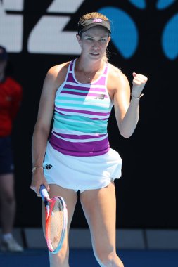 Melbourne, Avustralya - 24 Ocak 2019: Profesyonel tenis oyuncusu Danielle Collins Amerika Birleşik Devletleri 2019 Avustralya Açık Melbourne Park onun yarı final maç sırasında eylem