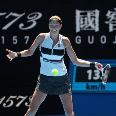 Melbourne, Avustralya - 24 Ocak 2019: Grand Slam şampiyonu Petra Kvitova Çek Cumhuriyeti 2019 Avustralya Açık Melbourne Park onun yarı final maç sırasında eylem