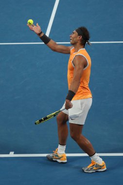 Melbourne, Avustralya - 24 Ocak 2019: 2019 Avustralya Açık Melbourne Park on yedi kez Grand Slam şampiyonu İspanya Rafael Nadal eylem sırasında onun yarı final maç