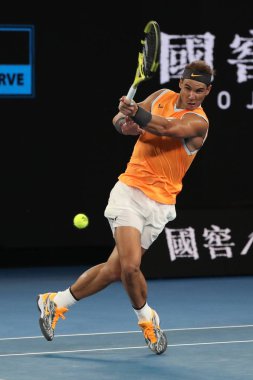 Melbourne, Avustralya - 24 Ocak 2019: 2019 Avustralya Açık Melbourne Park on yedi kez Grand Slam şampiyonu İspanya Rafael Nadal eylem sırasında onun yarı final maç