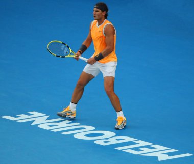Melbourne, Avustralya - 24 Ocak 2019: 2019 Avustralya Açık Melbourne Park on yedi kez Grand Slam şampiyonu İspanya Rafael Nadal eylem sırasında onun yarı final maç