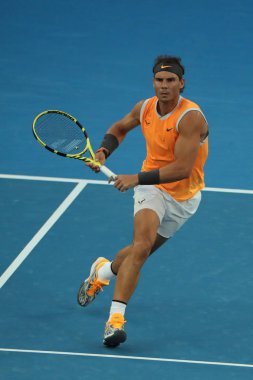 Melbourne, Avustralya - 24 Ocak 2019: 2019 Avustralya Açık Melbourne Park on yedi kez Grand Slam şampiyonu İspanya Rafael Nadal eylem sırasında onun yarı final maç