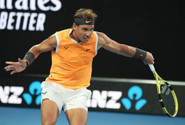 Melbourne, Avustralya - 24 Ocak 2019: 2019 Avustralya Açık Melbourne Park on yedi kez Grand Slam şampiyonu İspanya Rafael Nadal eylem sırasında onun yarı final maç
