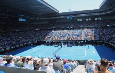 Melbourne, Avustralya - 22 Ocak 2019: Rod Laver arena 2019 sırasında aynı Melbourne Park Avustralyalı Tenis Merkezi Avustralya açık. 1988'den beri Avustralya Açık Ana mekanı oldu 