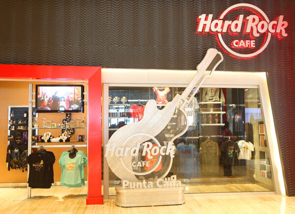 PUNTA CANA, DOMINICAN REPUBLIC - JANUARY 4, 2019: Hard Rock Cafe memorabilia at Punta Cana International Airport. The Dominican Republic is the most visited destination in the Caribbean 