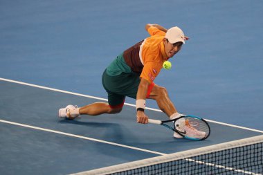 Melbourne, Avustralya - 21 Ocak 2019: Profesyonel tenis oyuncusu Kei Nishikori Japonya'nın onun turda 2019 Avustralya Açık Melbourne Park 16 maçın başında