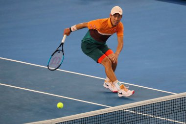 Melbourne, Avustralya - 21 Ocak 2019: Profesyonel tenis oyuncusu Kei Nishikori Japonya'nın onun turda 2019 Avustralya Açık Melbourne Park 16 maçın başında
